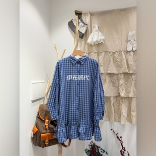 BLOOM韩国东大门正品代购26春款 翻领休闲细条纹木耳边衬衫连衣裙