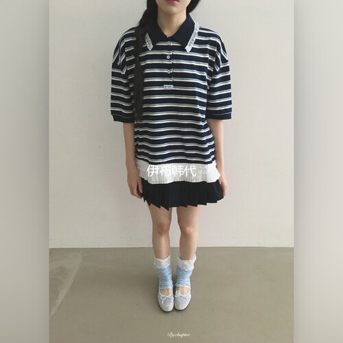 翻领休闲条纹花边短袖T恤