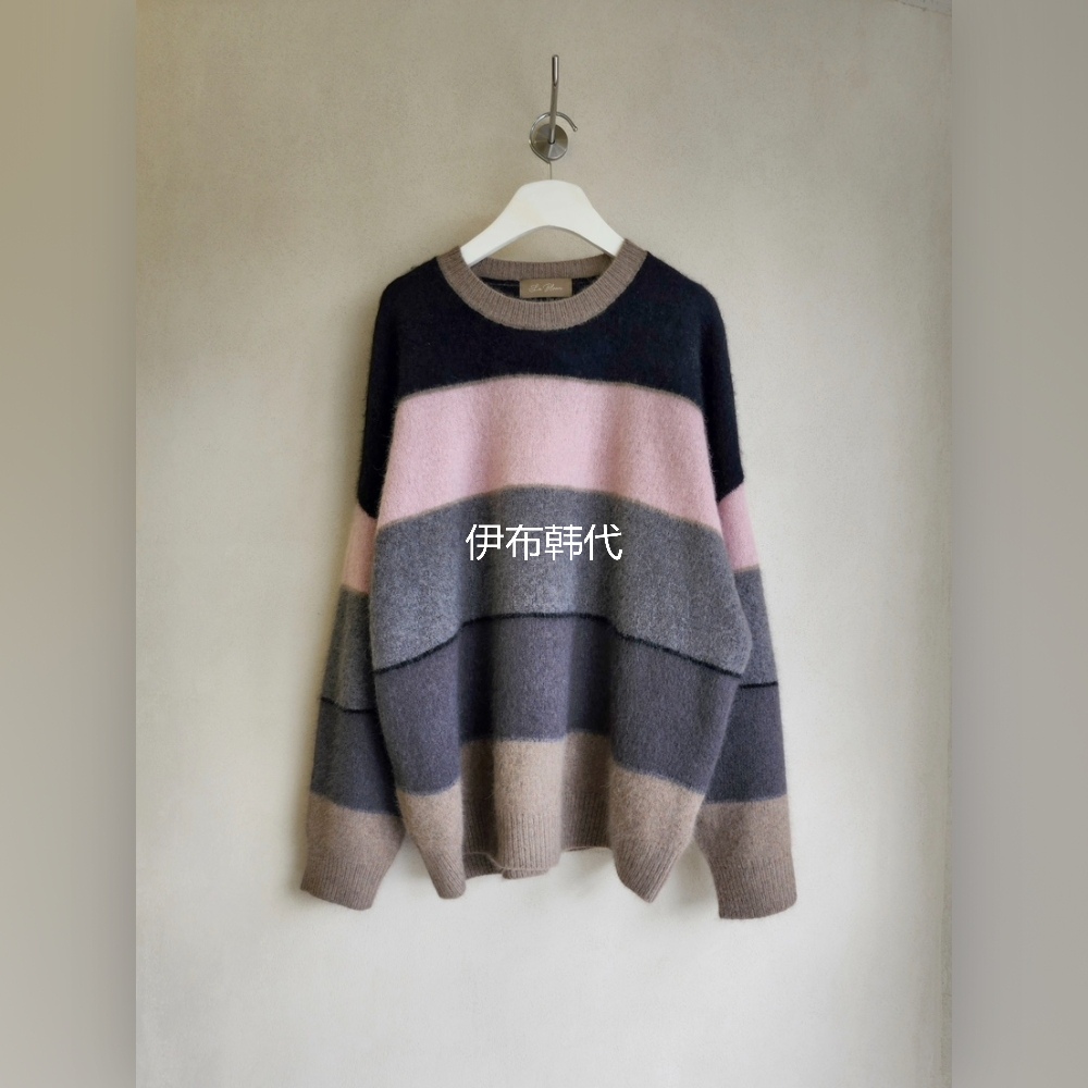 冬款圆领彩色宽条纹宽松针织衫