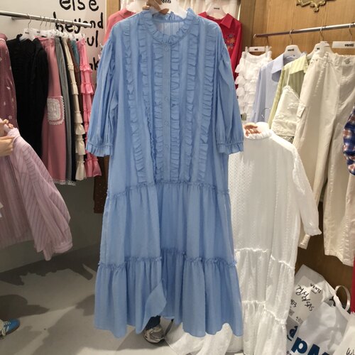 圆领木耳边宽松时尚长裙连衣裙