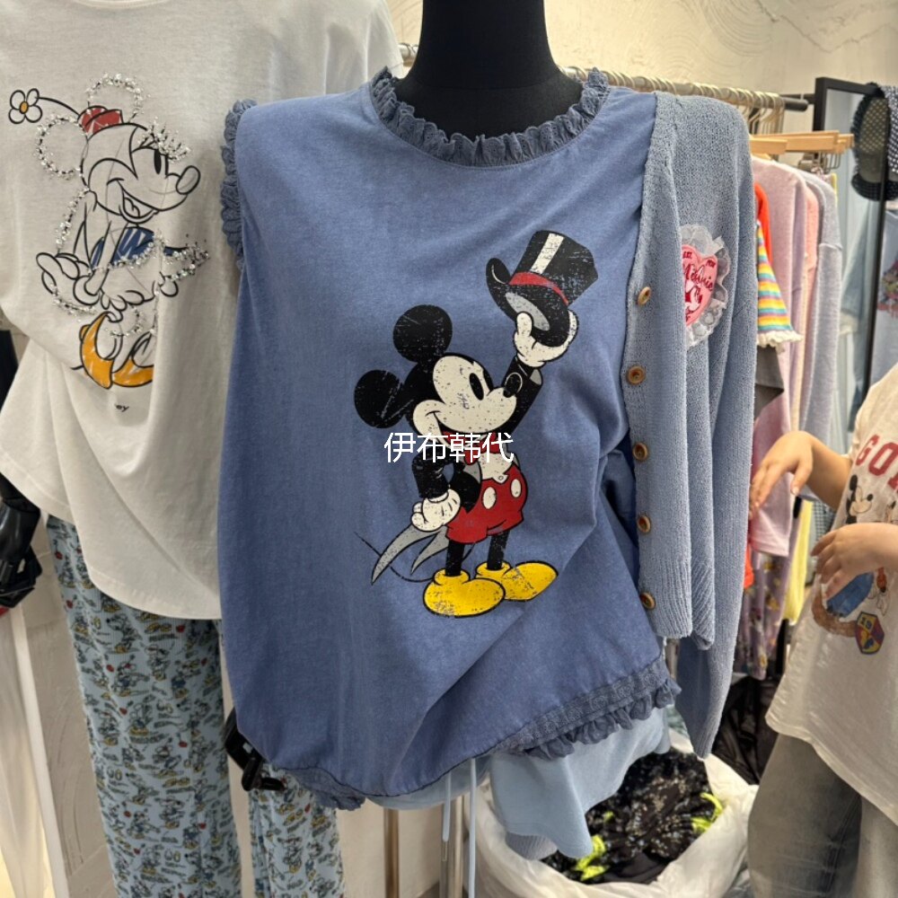 DE LINE韩国东大门正品代购26夏款 木耳飞边花边卡通老鼠背心T恤