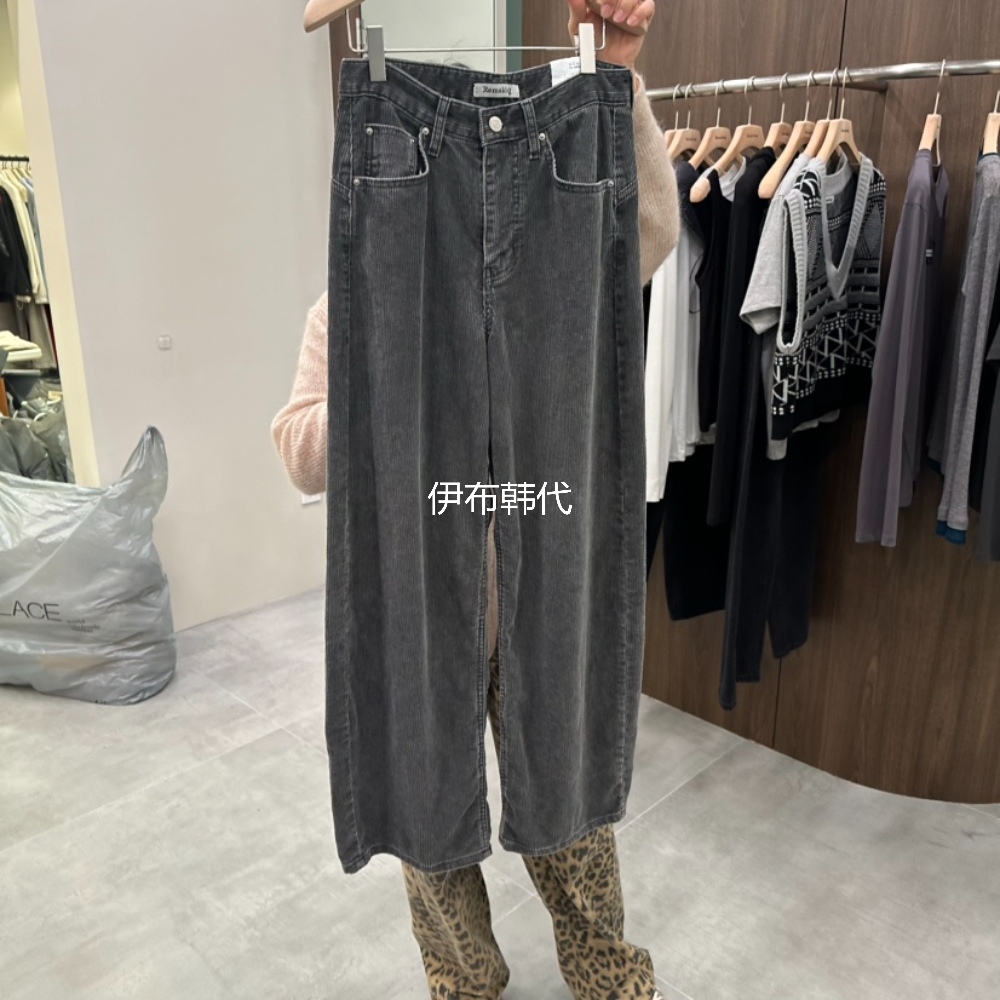 深灰色条绒灯芯绒直筒裤长裤