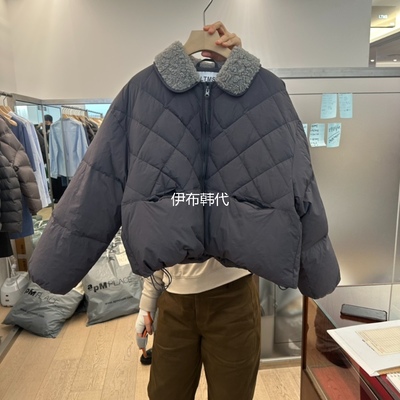 翻领仿羊羔毛领短款羽绒服外套