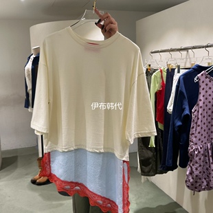 JERRY 26春 圆领斜边裙摆拼接蕾丝飞边短袖 T恤 HALL韩国东大门代购