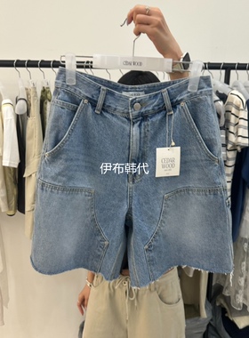 CEDARWOOD韩国东大门正品代购26夏 磨白做旧休闲大口袋牛仔裤短裤