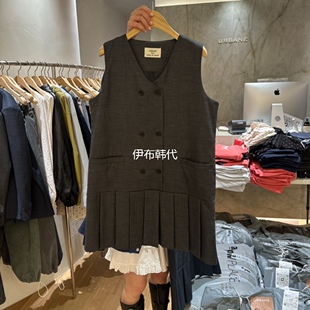 URBANE韩国东大门正品代购26春 V领双排扣百褶裙气质背心裙连衣裙