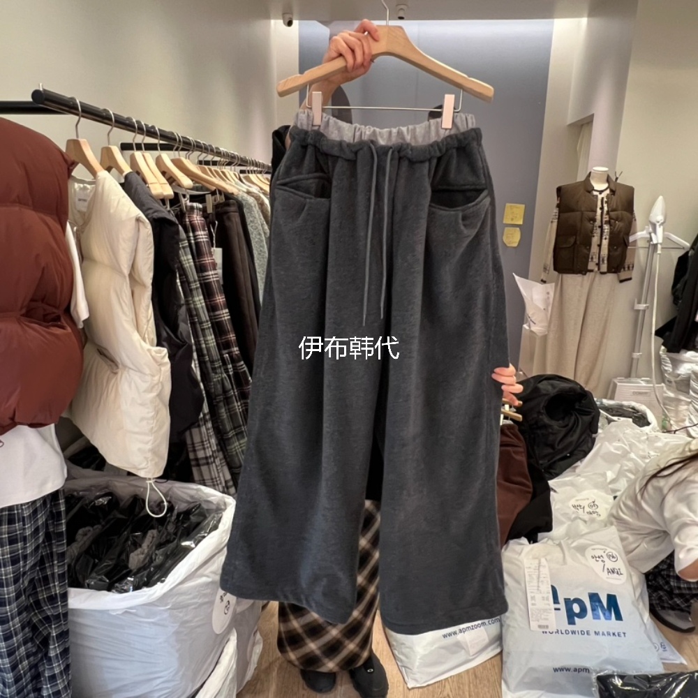 松紧腰抽绳层叠摇粒绒宽松长裤