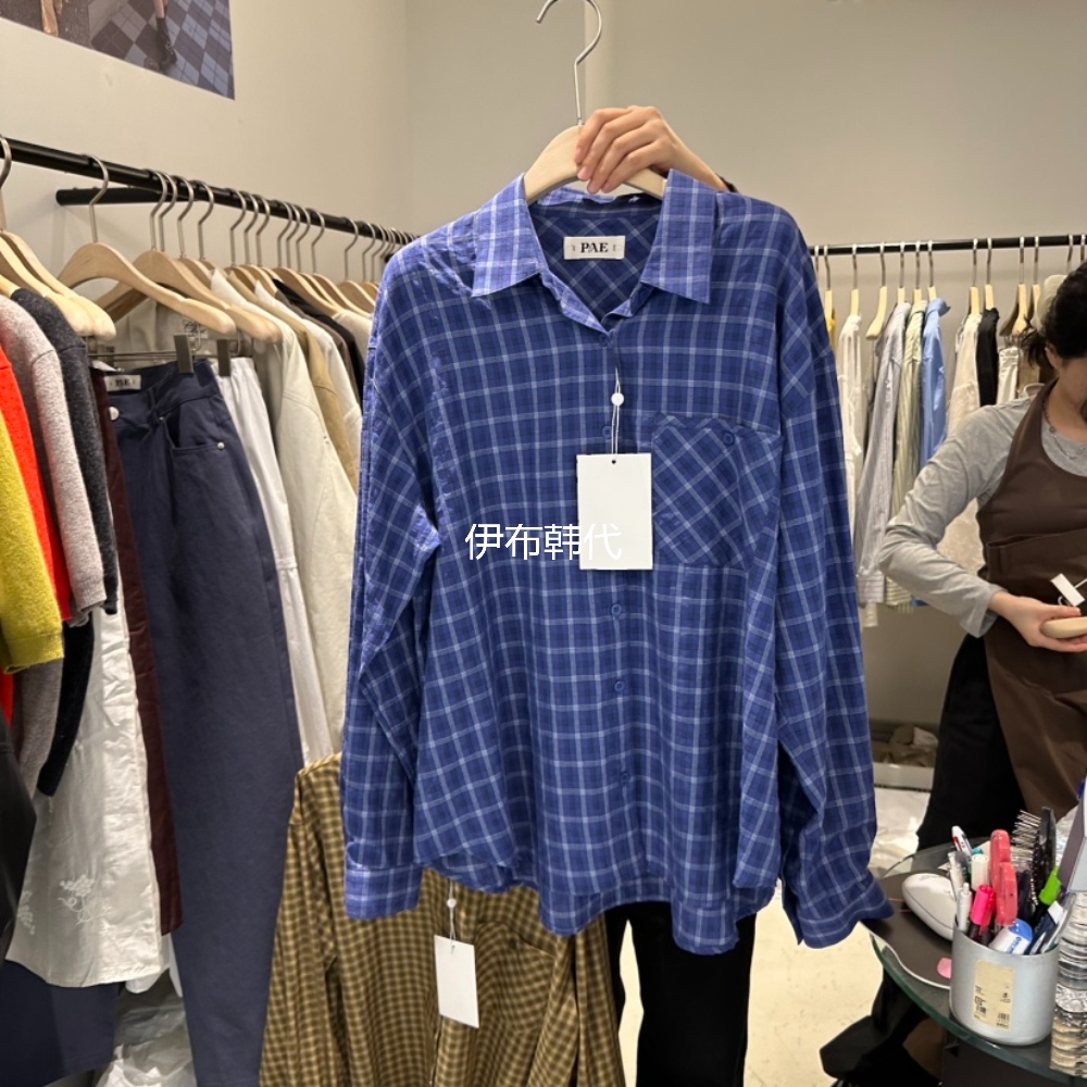 翻领休闲格子口袋宽松时尚衬衫女