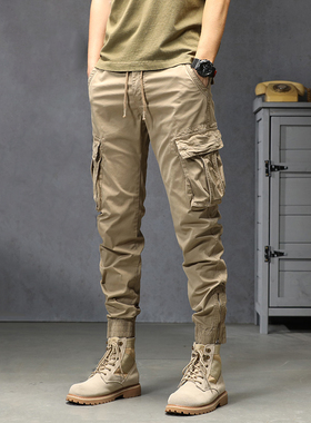 12244 夏季男士薄款松紧腰大口袋束脚显瘦脚拉锁水洗棉工装休闲裤