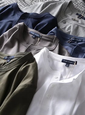 11340夏季亨利领美式复古腔调阿美咔叽风纯棉水洗亲肤透气短袖T恤