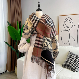 欧美战马格子双面围巾女冬季新款时尚流苏仿羊绒加厚围脖保暖披肩