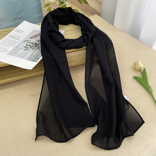 春秋冬男女细窄长条棉麻围巾百搭薄装 饰领巾护颈围脖丝巾纯色黑色