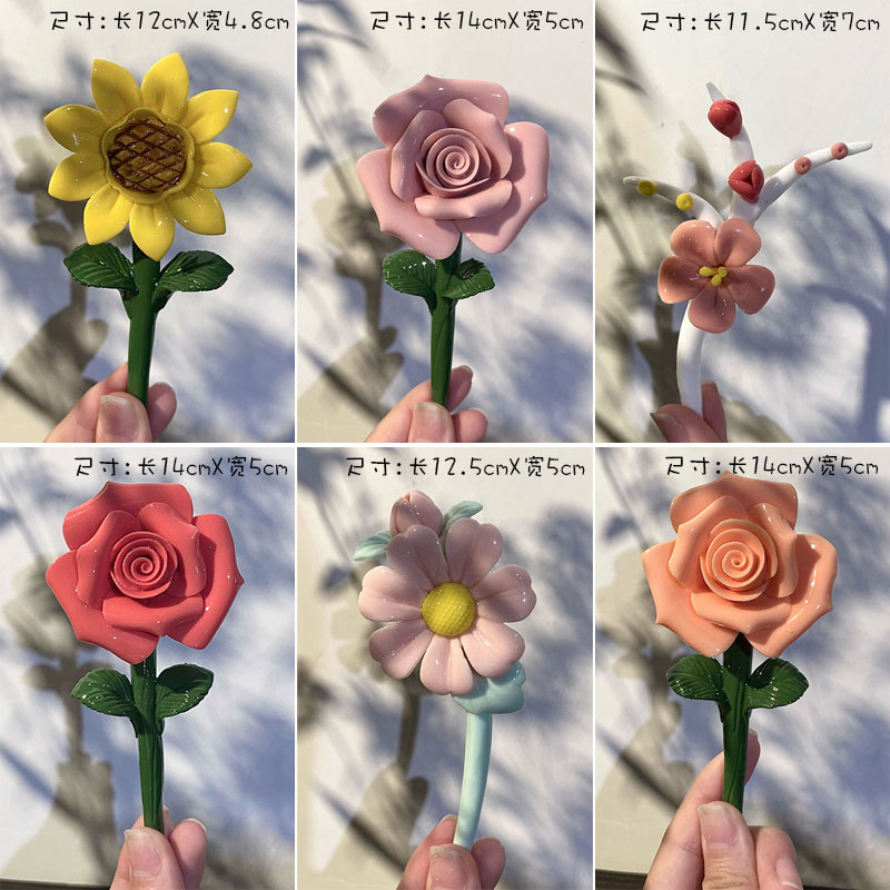 手工捏制陶瓷花枝花瓶花插玫瑰花牡丹花家居卧室桌面装饰花器摆件