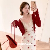 女时尚 跳转新店拍～天丝褶皱连衣裙 红色轻薄披肩针织衫 两件套夏