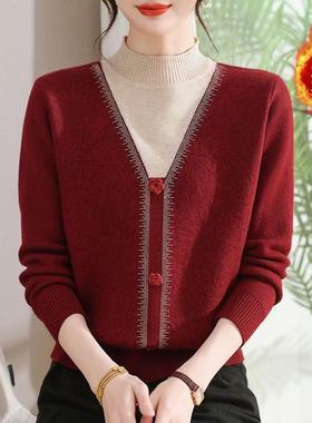 【8719】妈妈装加绒毛衣加厚中年女士针织圆领一体绒洋气婆婆上衣