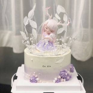 网红生日蛋糕烘焙装饰摆件幽静之鹿仙女森系女神蝴蝶皇冠羽毛插卡