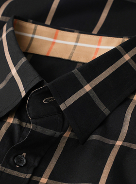 长袖衬衫男秋季翻领大格子衬衫扣领全棉扣领衬衣黑色格纹男士潮流
