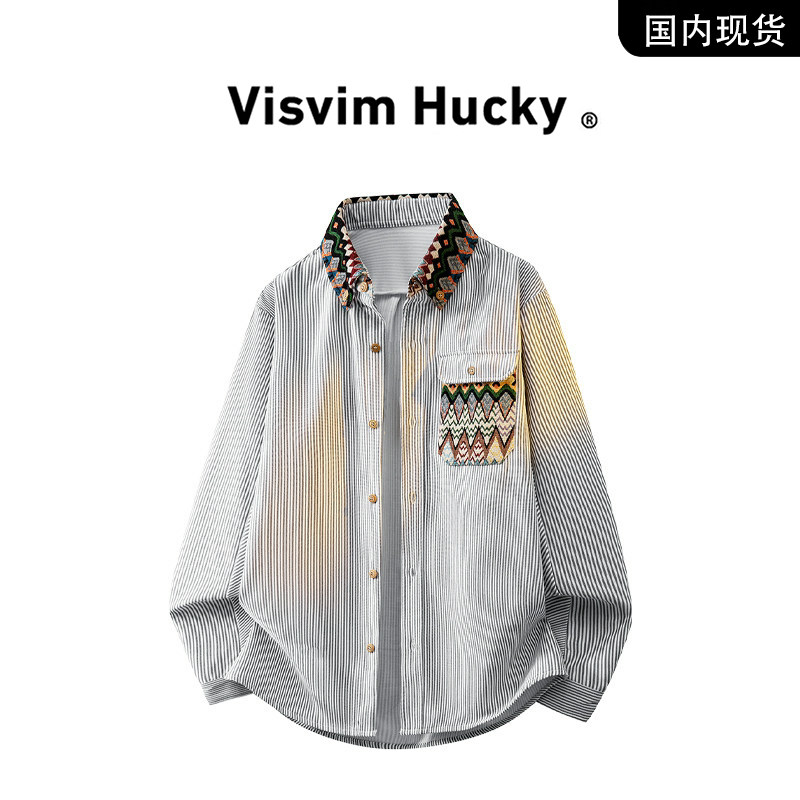【官网正品】VISVIM HUCKY潮流条纹绣花长袖衬衫男宽松休闲风日系