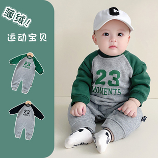 婴儿连体衣秋冬薄绒23号卫衣洋气保暖哈衣超萌衣服男宝秋装外出服