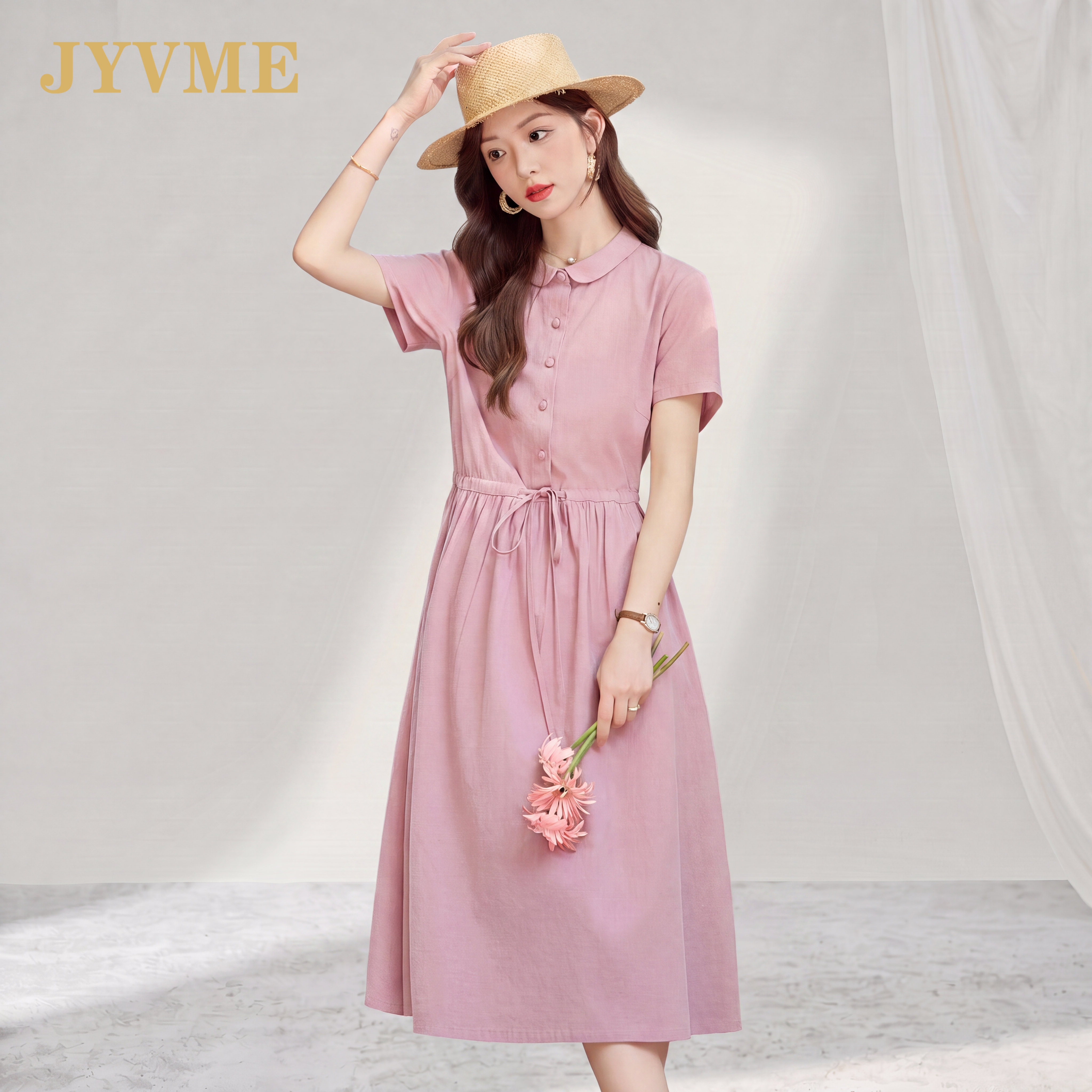 JyVme轻奢高端女士2026夏季新款棉连衣群气质翻领修身中长款裙子