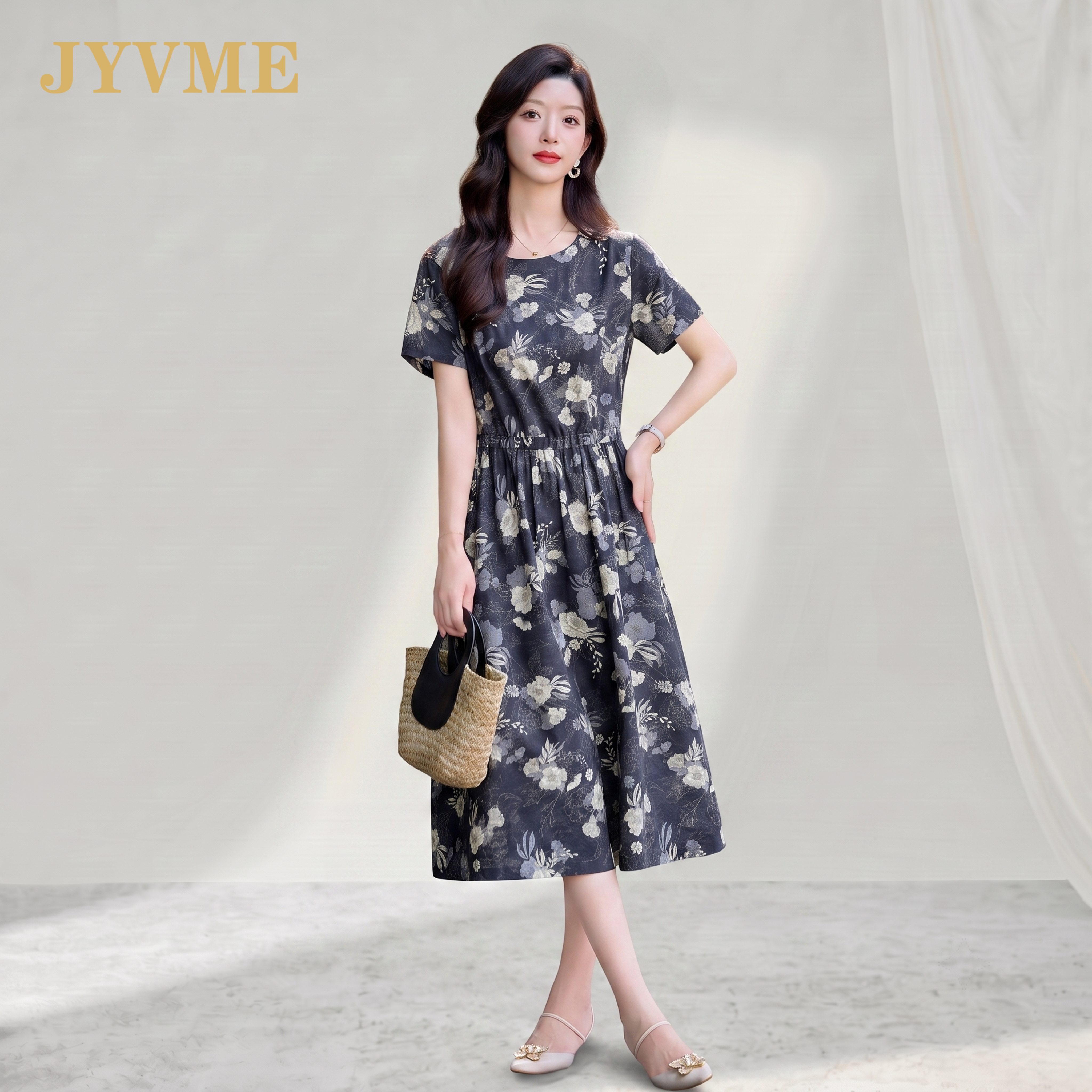 JyVme轻奢连衣裙女2026夏季新款圆领复古印花中长款棉麻短袖a字裙