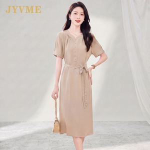 JyVme轻奢真丝连衣裙女中长款2026夏装新款短袖双绉桑蚕丝裙子