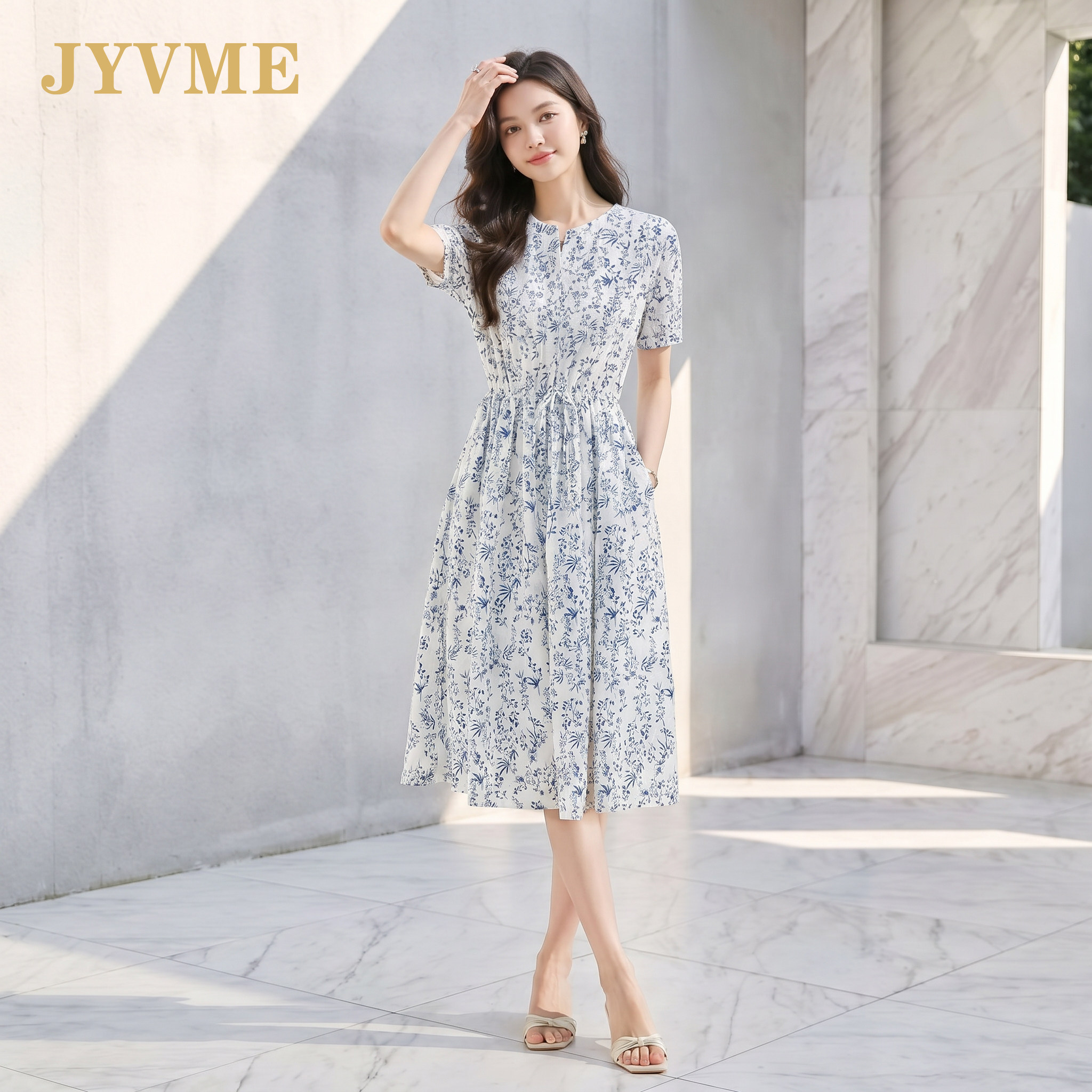JyVme轻奢新中式中长款裙子2026夏新款裙子国风印花青花瓷连衣裙