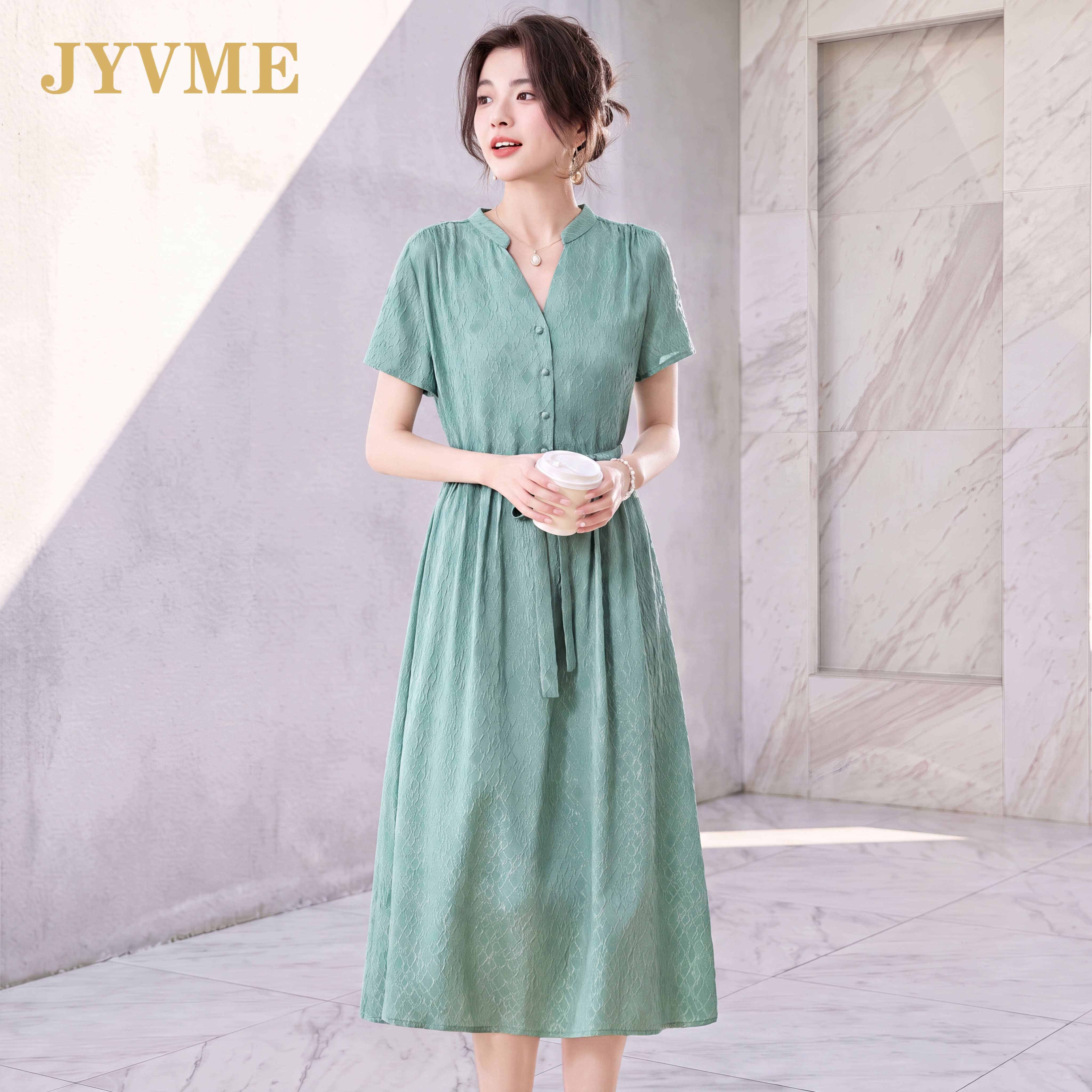 JyVme轻奢夏季重磅真丝连衣裙女2026新款纯色v领短袖桑蚕丝中长裙