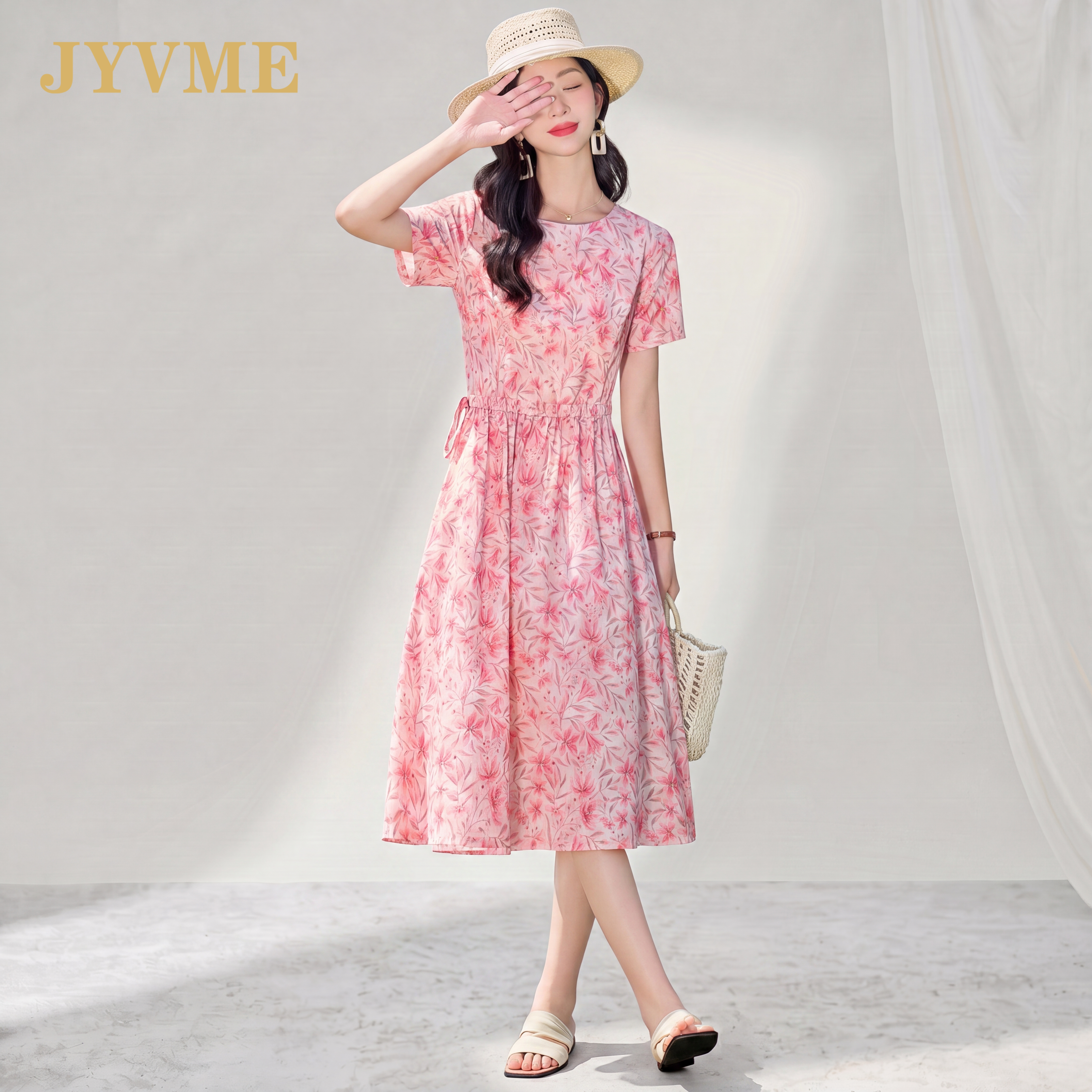 JyVme轻奢2026夏季新款百搭纯棉连衣群女中长款时尚短袖碎花裙子
