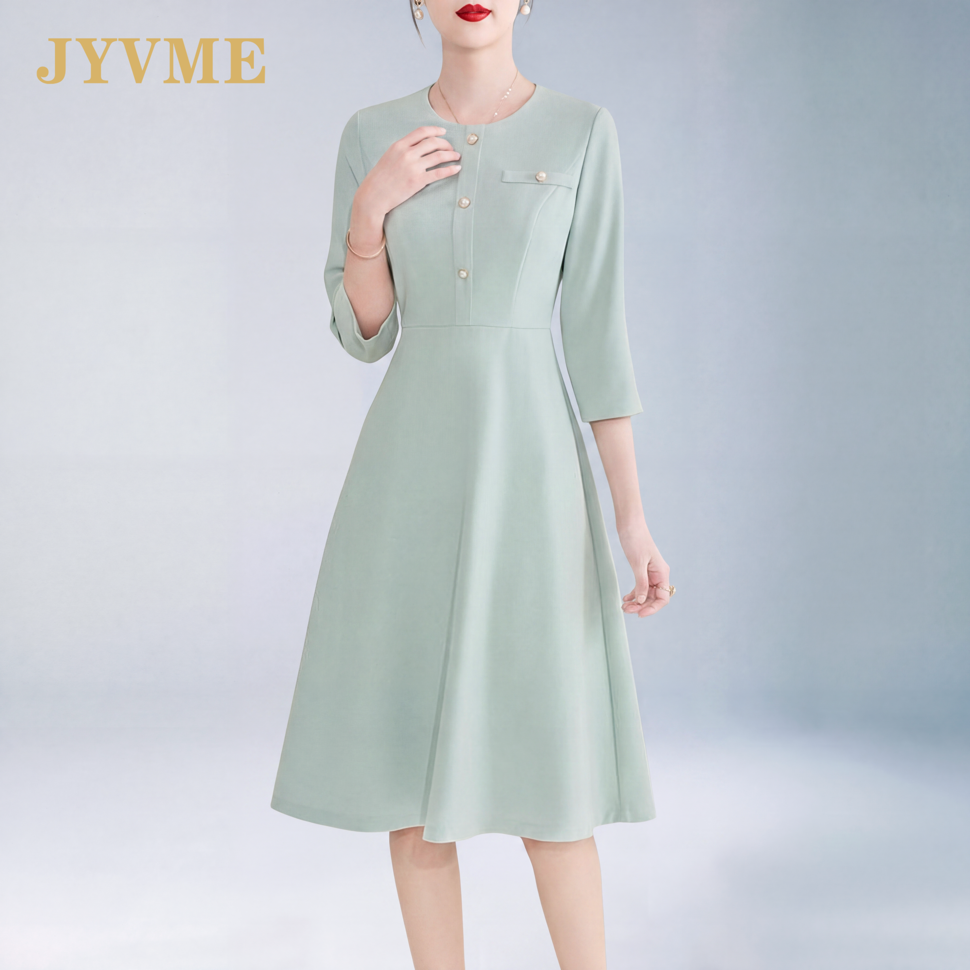 JyVme轻奢收腰梭织连衣裙秋季新品修身减龄气质优雅韩版显瘦裙子
