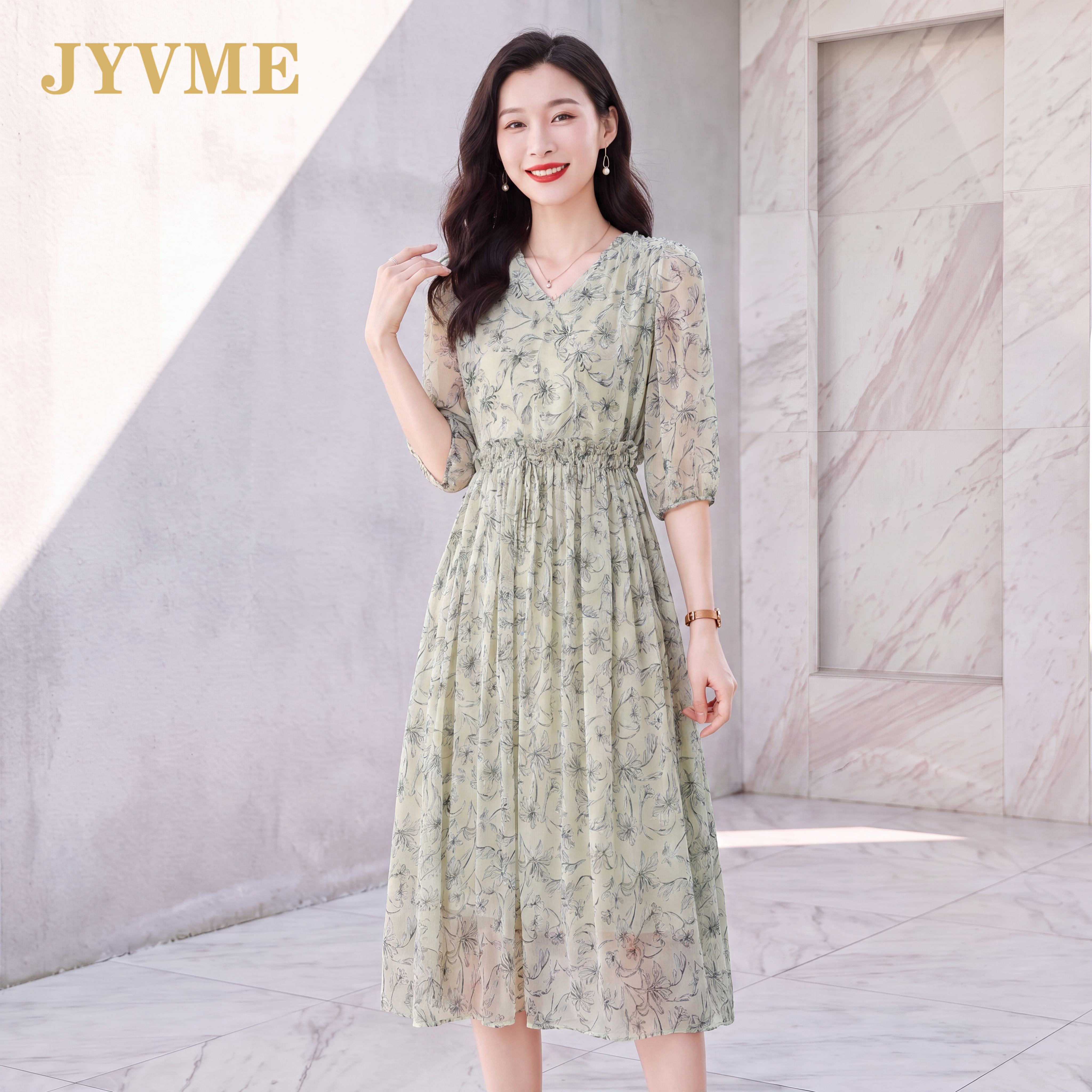 JyVme轻奢夏季2026新款真丝连衣裙V领系带显瘦百搭印花桑蚕丝裙子