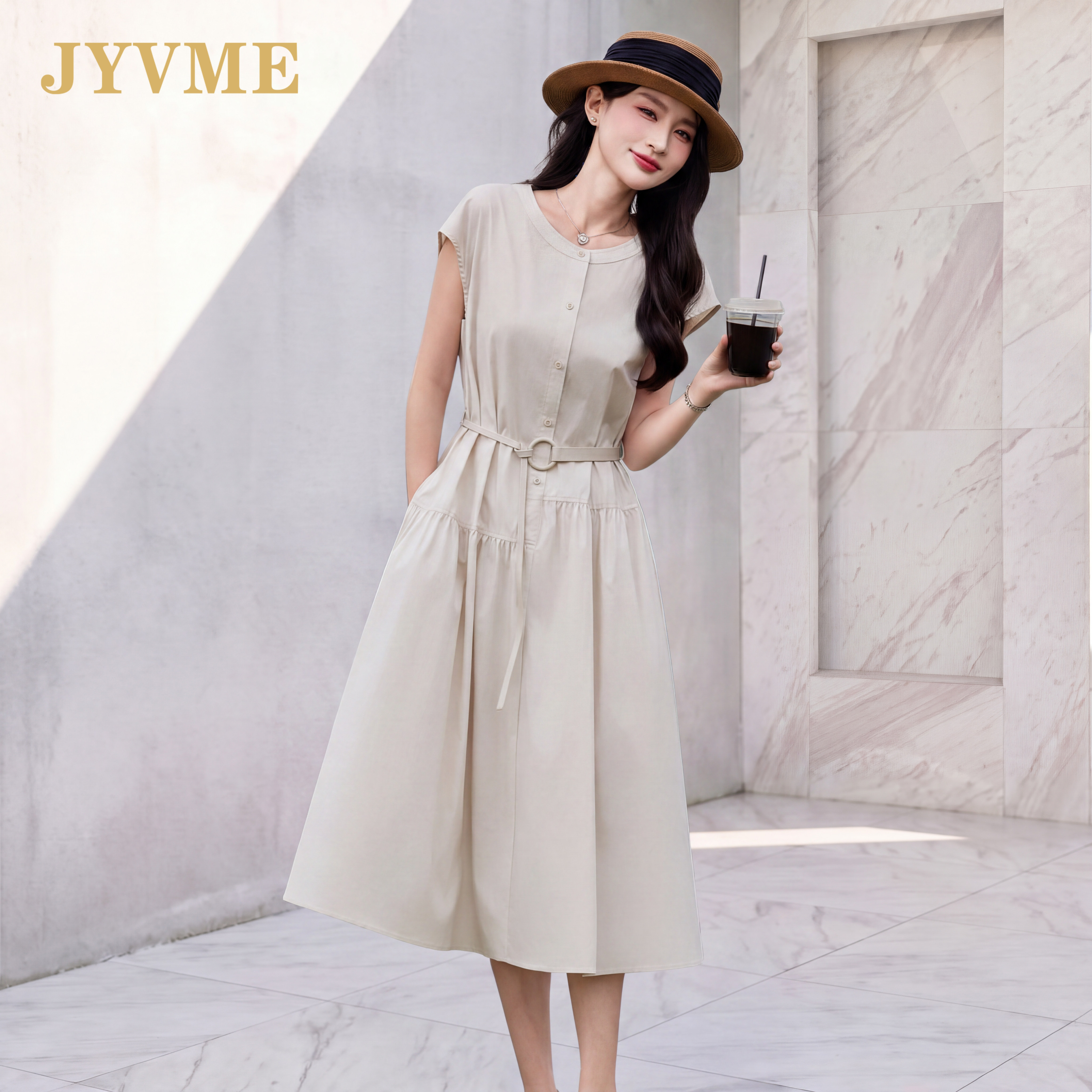 JyVme轻奢夏季新款连衣裙女棉中长款2026时尚收腰显瘦裙子纯色