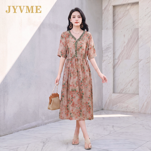 JyVme轻奢花色棉麻连衣裙女2026夏季新款短袖中长款裙子显瘦