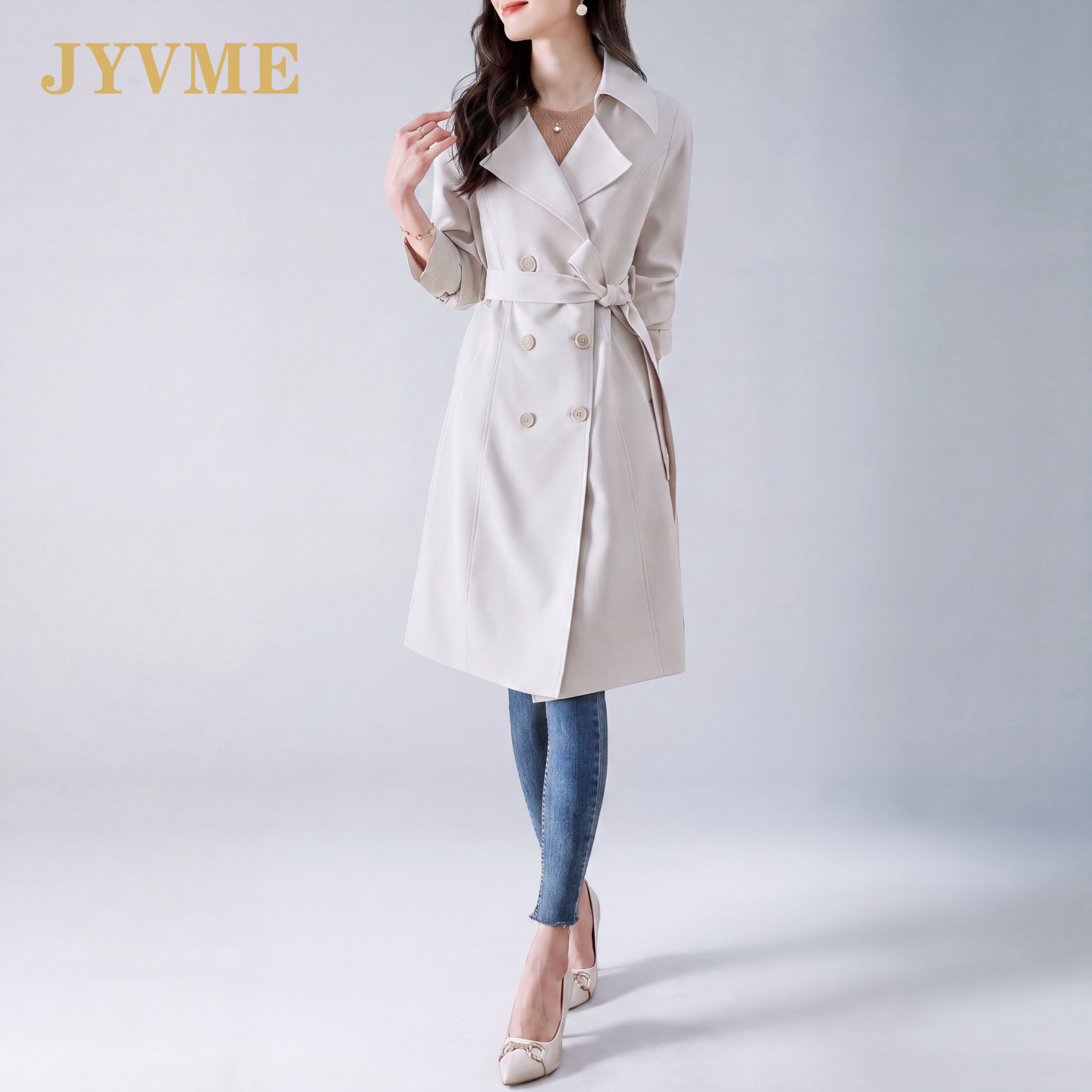JyVme轻奢风衣外套女2026秋季新款气质收腰显瘦小个子中长款大衣