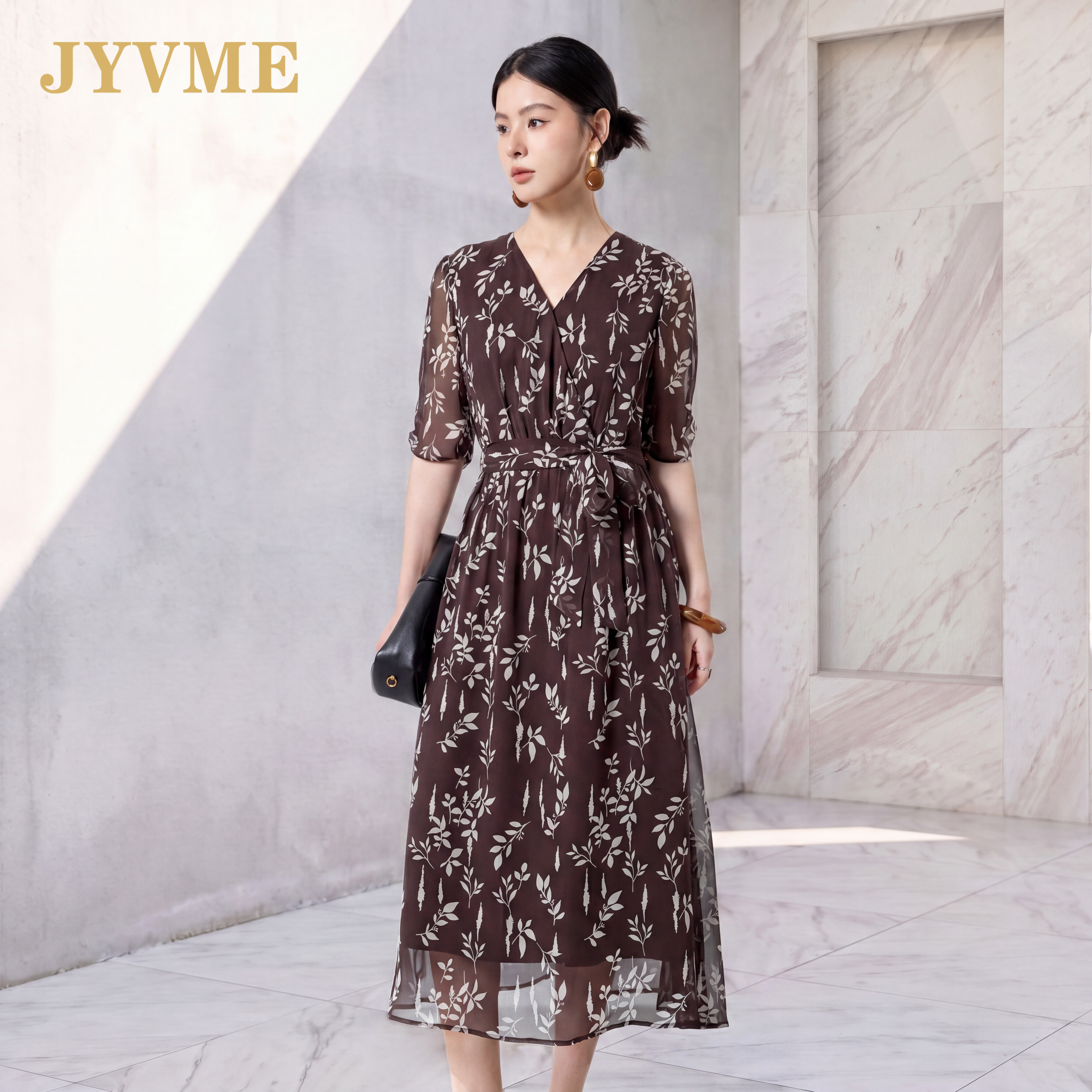 JyVme轻奢印花桑蚕丝连衣裙女夏2026新款v领乔其纱显瘦真丝长裙