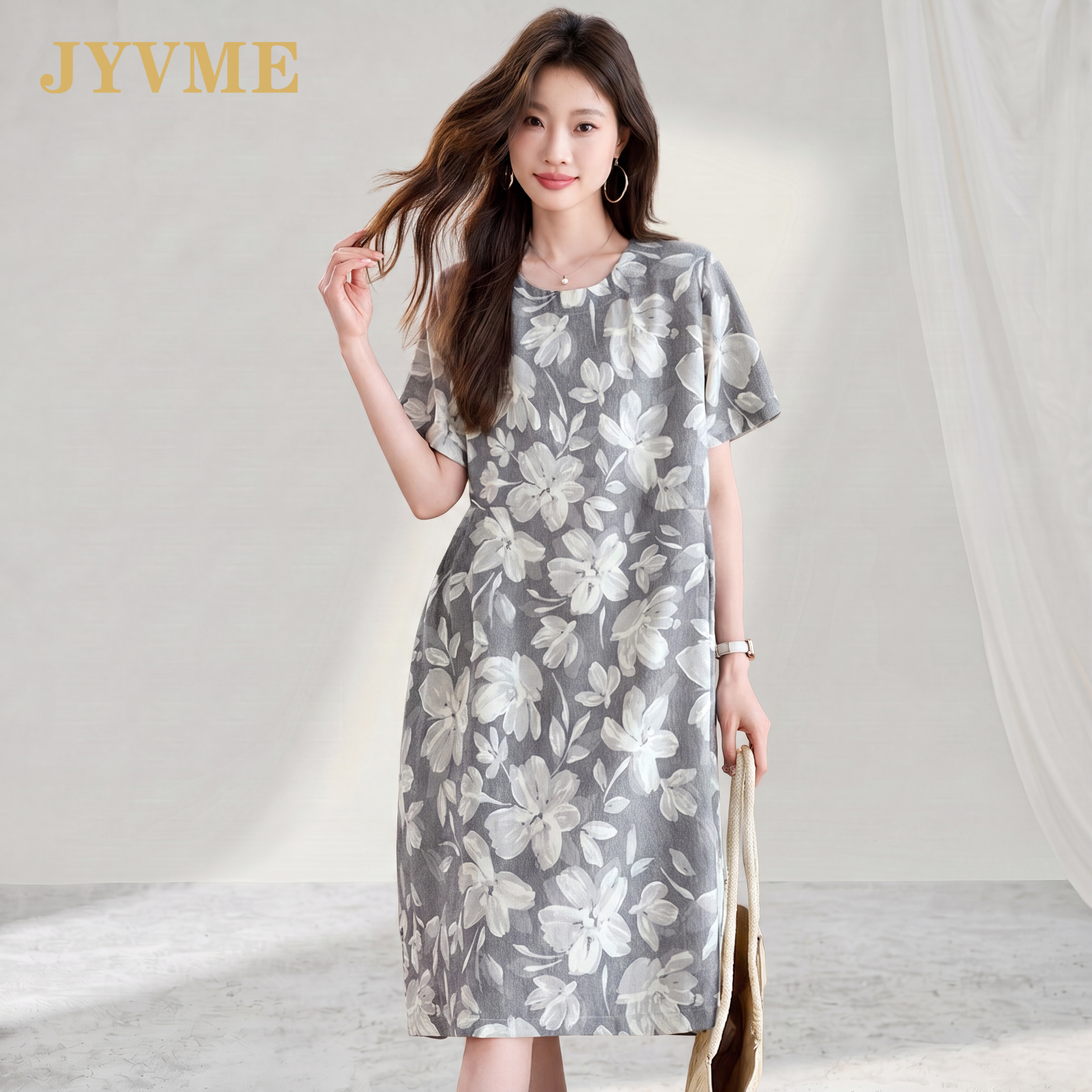 JyVme轻奢天丝连衣裙女夏2026新款中长款印花妈妈棉麻裙圆领a字裙