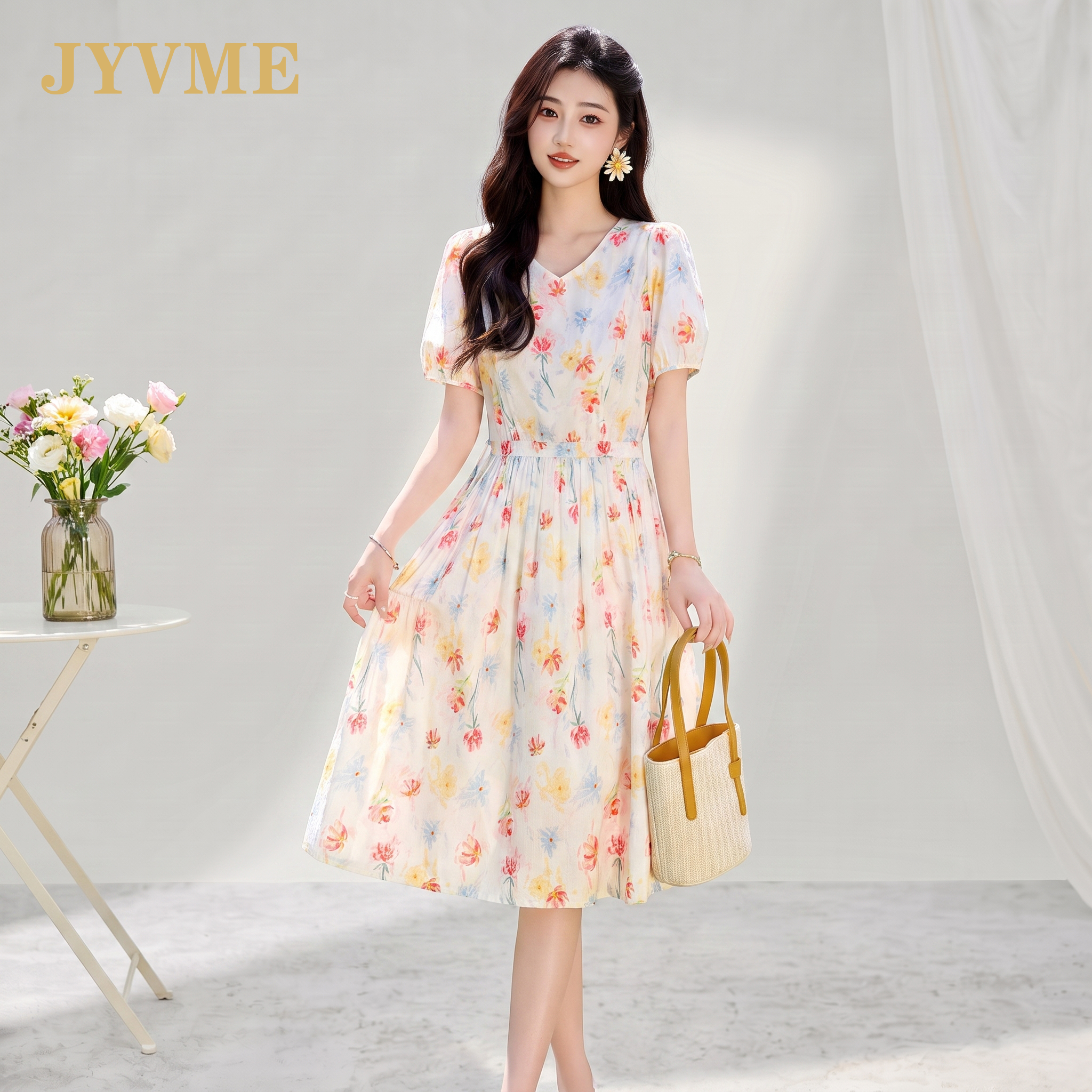 JyVme轻奢法式碎花连衣裙女夏季2026新款小个子纯棉v领中长款裙子