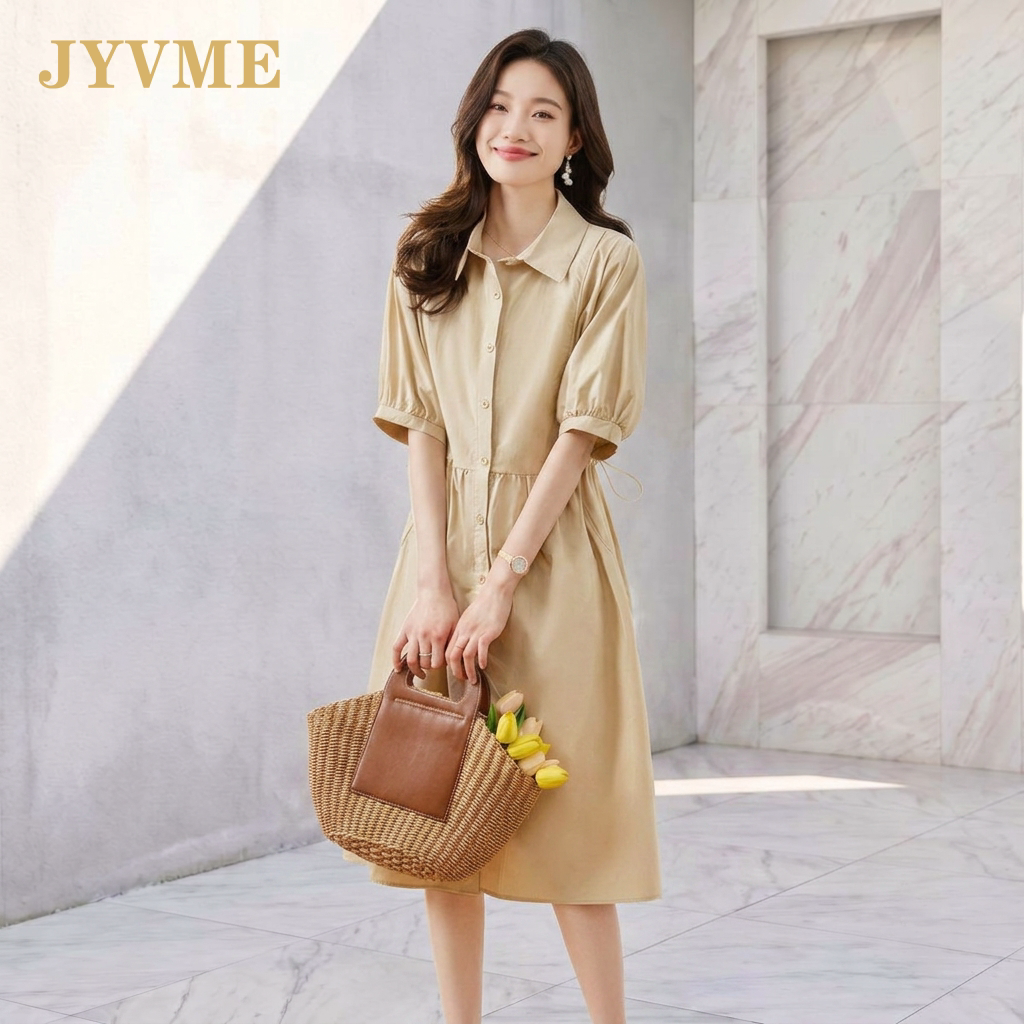 JyVme轻奢纯棉衬衫连衣裙女短袖2026夏季新款气质宽松百搭中长裙