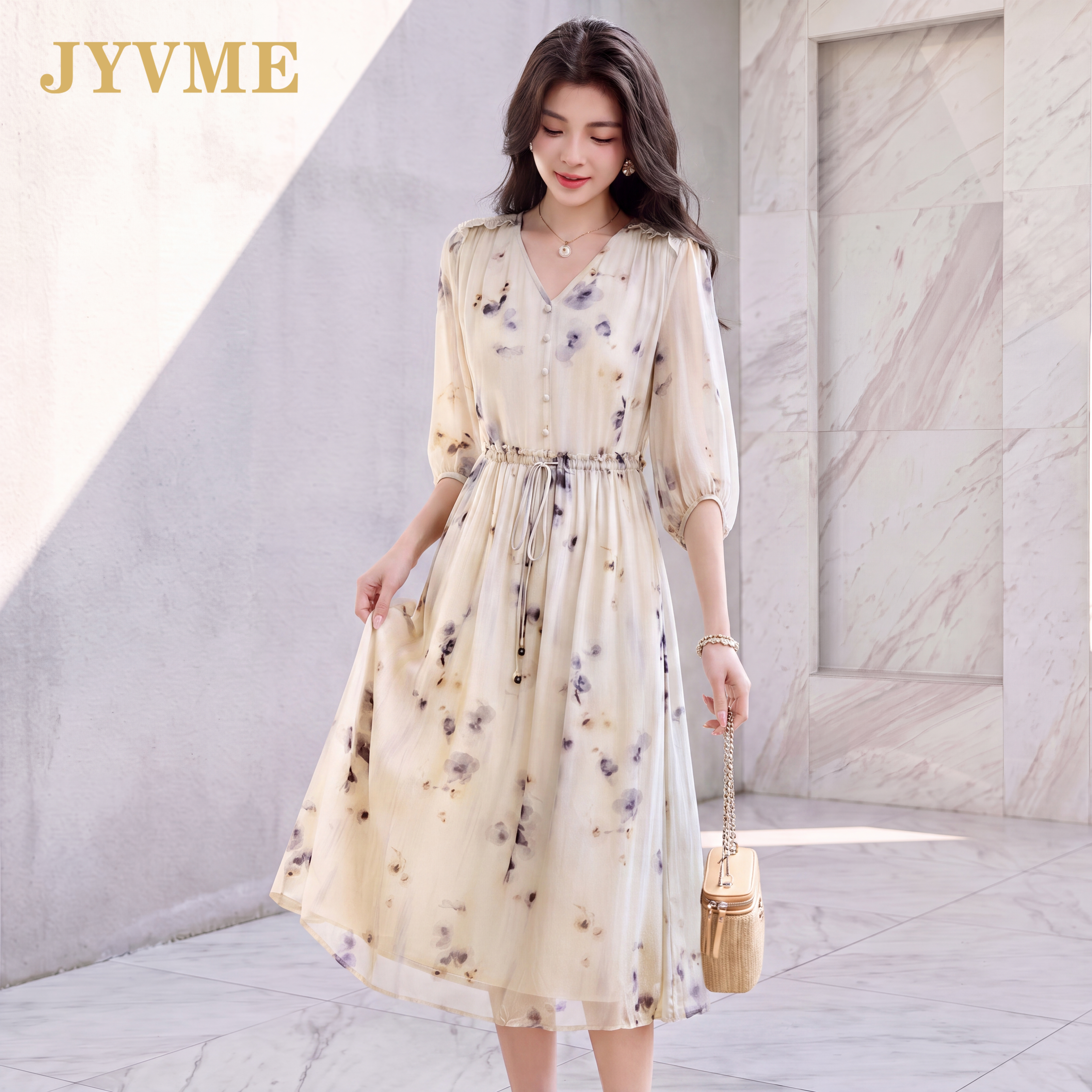 JyVme轻奢夏季2026新款真丝连衣裙女气质修身显瘦桑蚕丝裙中长款