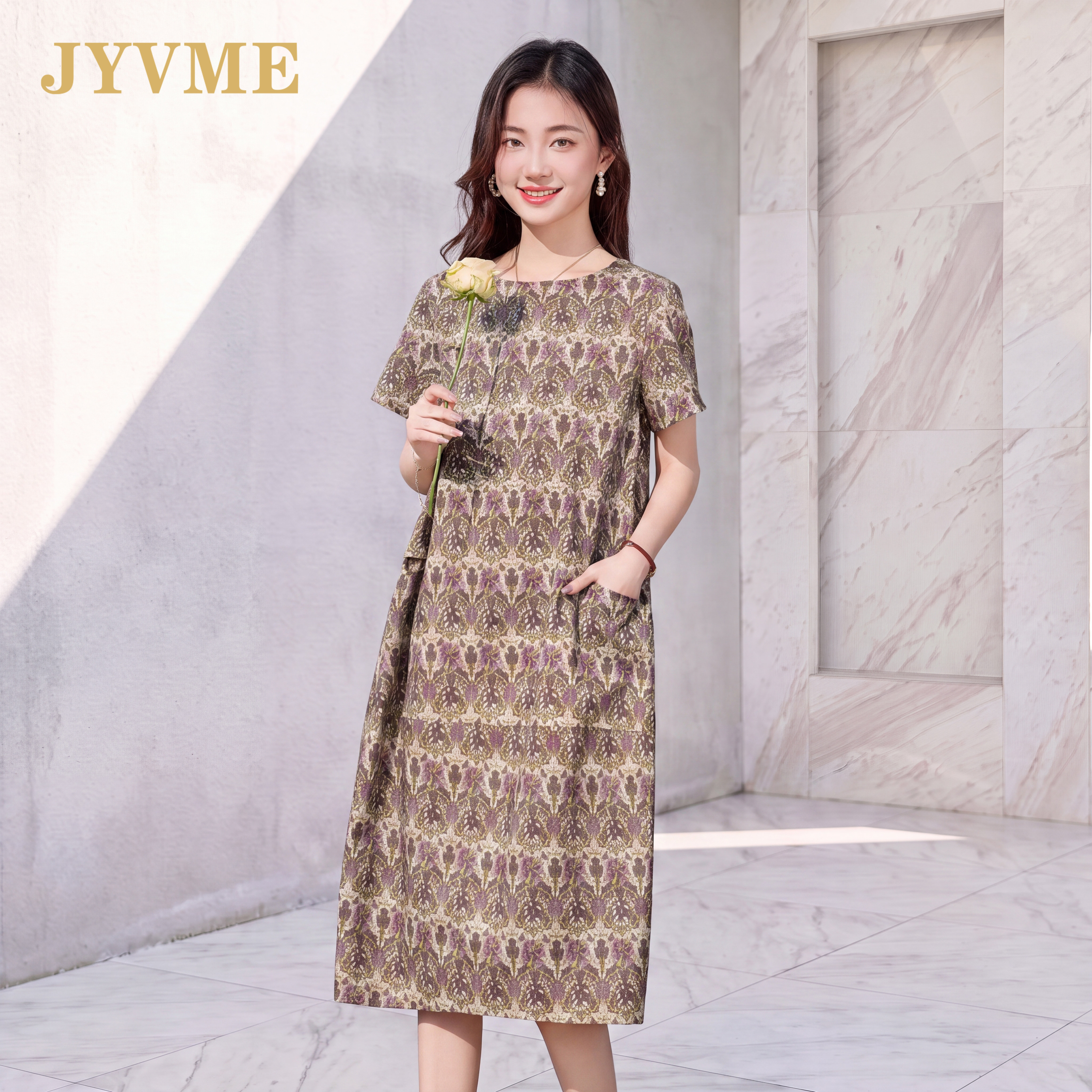 JyVme轻奢复古印花连衣裙女2026夏季新款中年妈妈遮肉宽松直筒裙