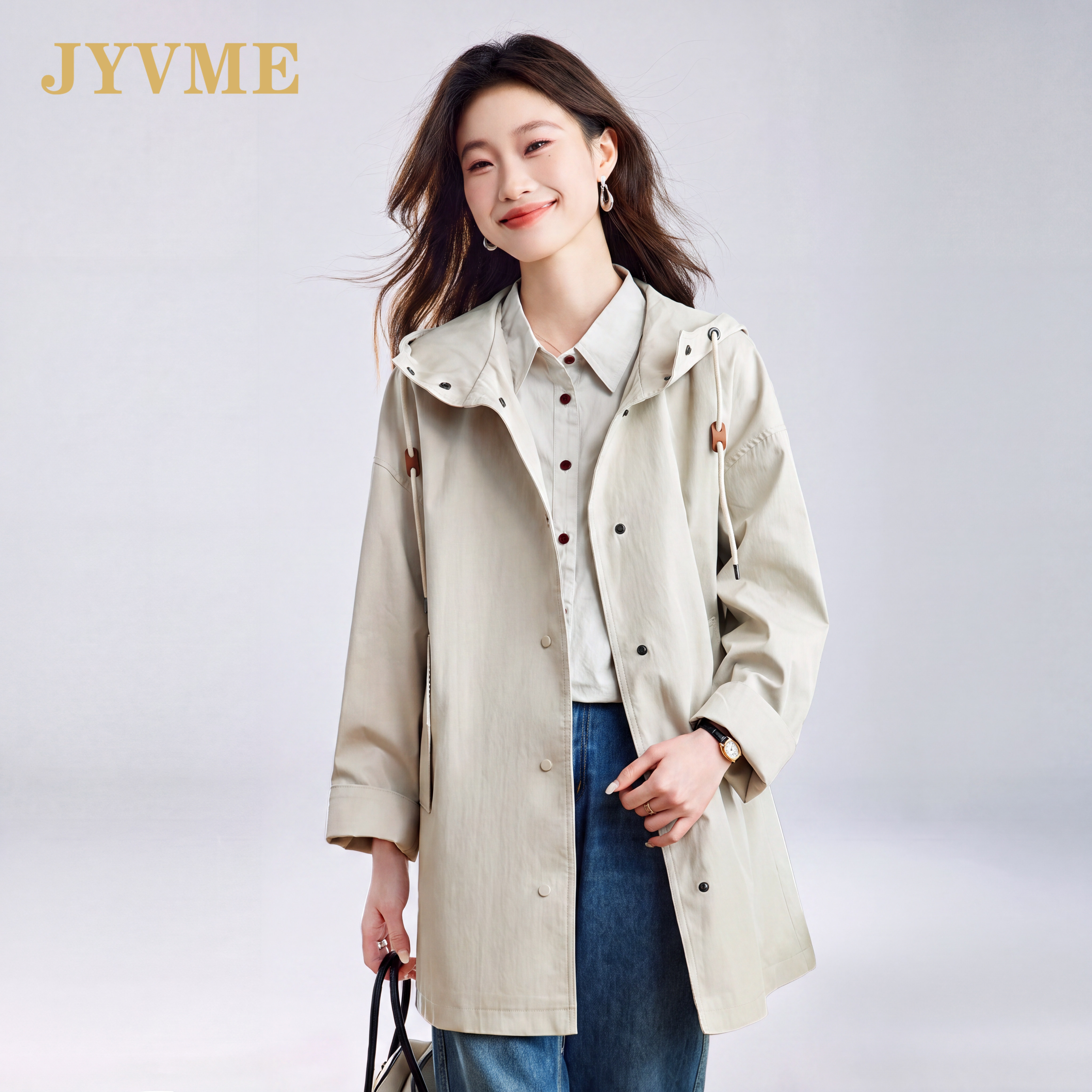 JyVme轻奢连帽翻领风衣女2026春秋季新款高级感外套中长款大衣