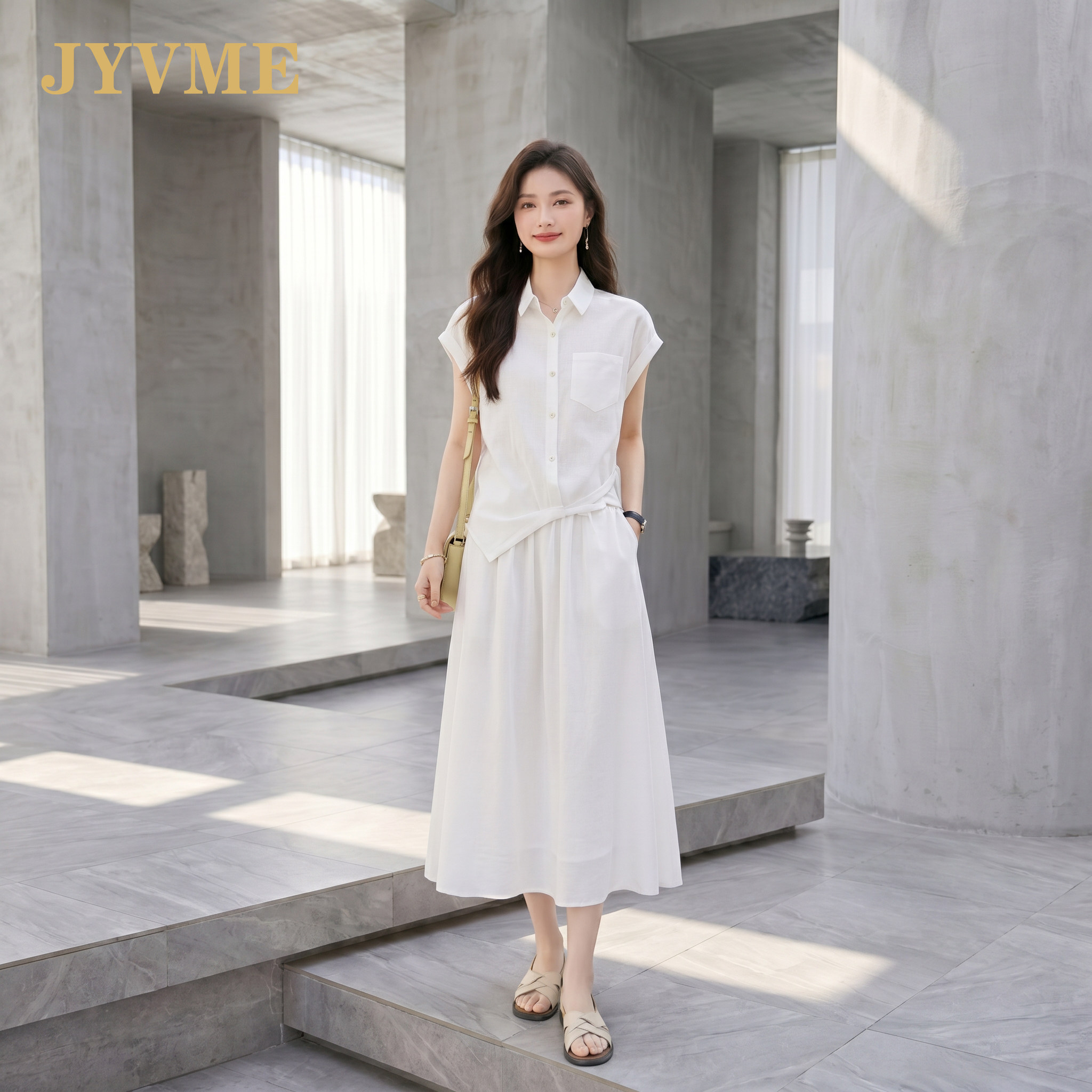 JyVme轻奢套装裙2026夏季小众设计衬衣上衣高腰垂感半身裙两件套