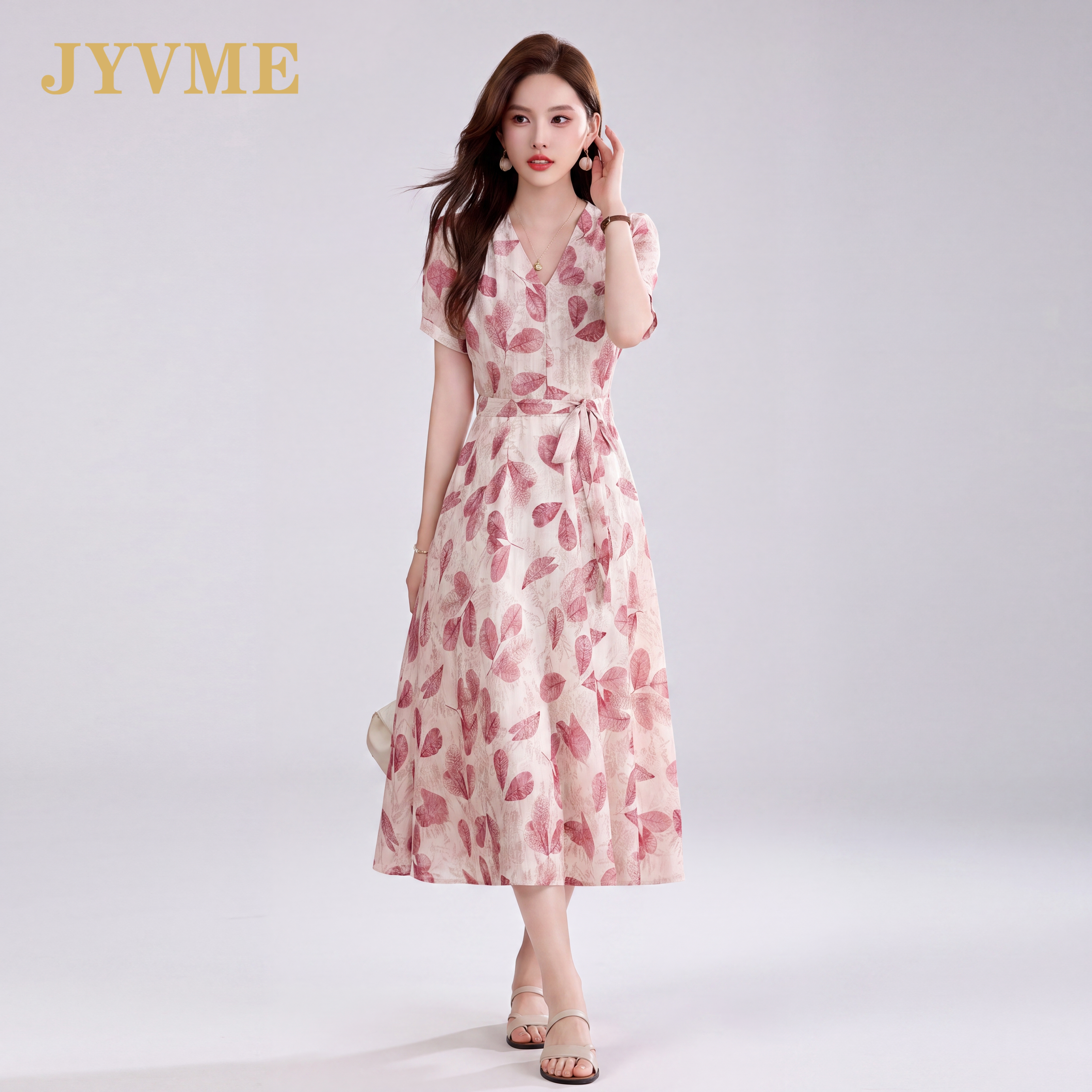 JyVme轻奢碎花连衣裙女夏2026新款收腰显瘦小个子气质V领裙子
