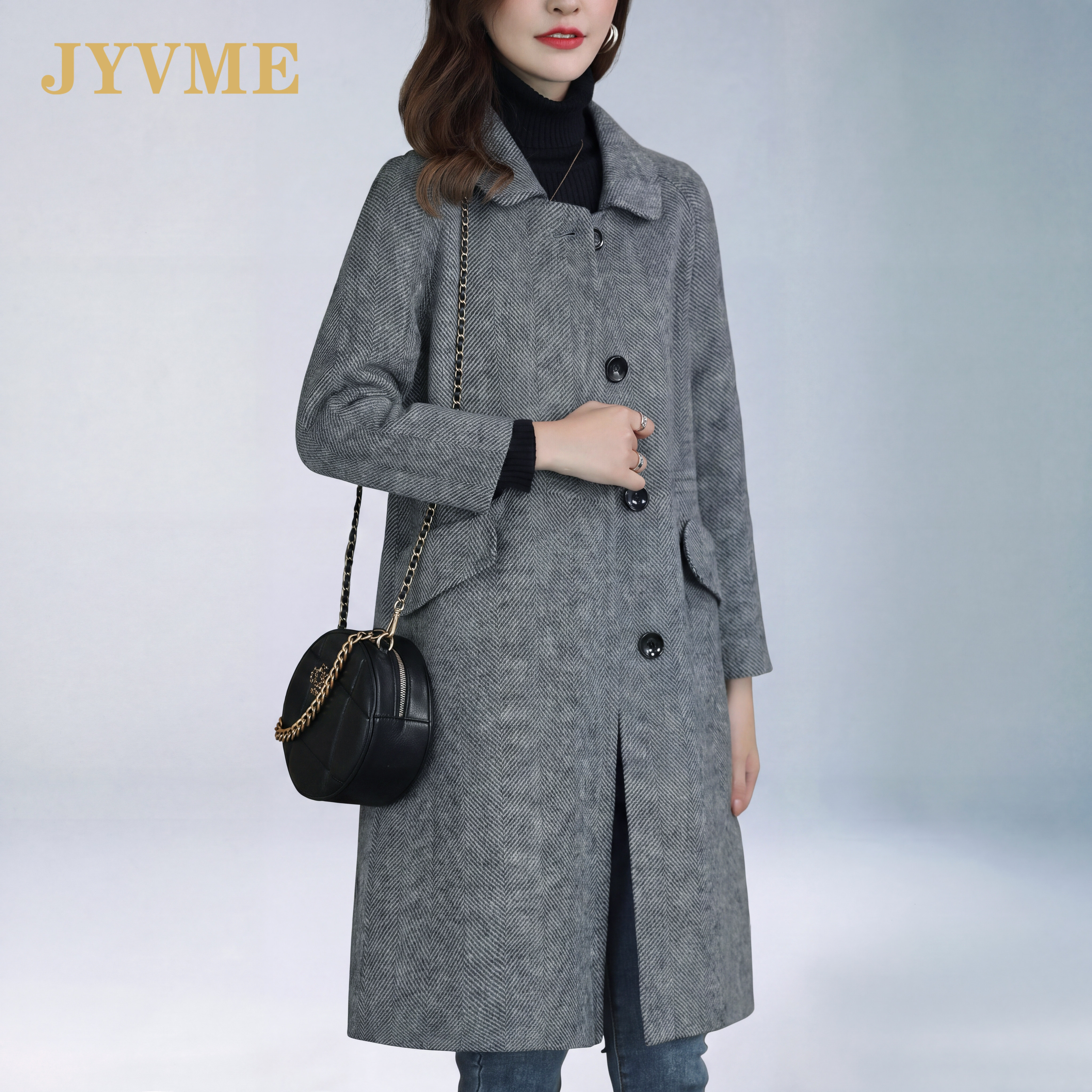 JyVme轻奢2026新款秋冬人字纹双面羊毛大衣女高端毛呢外套中长款
