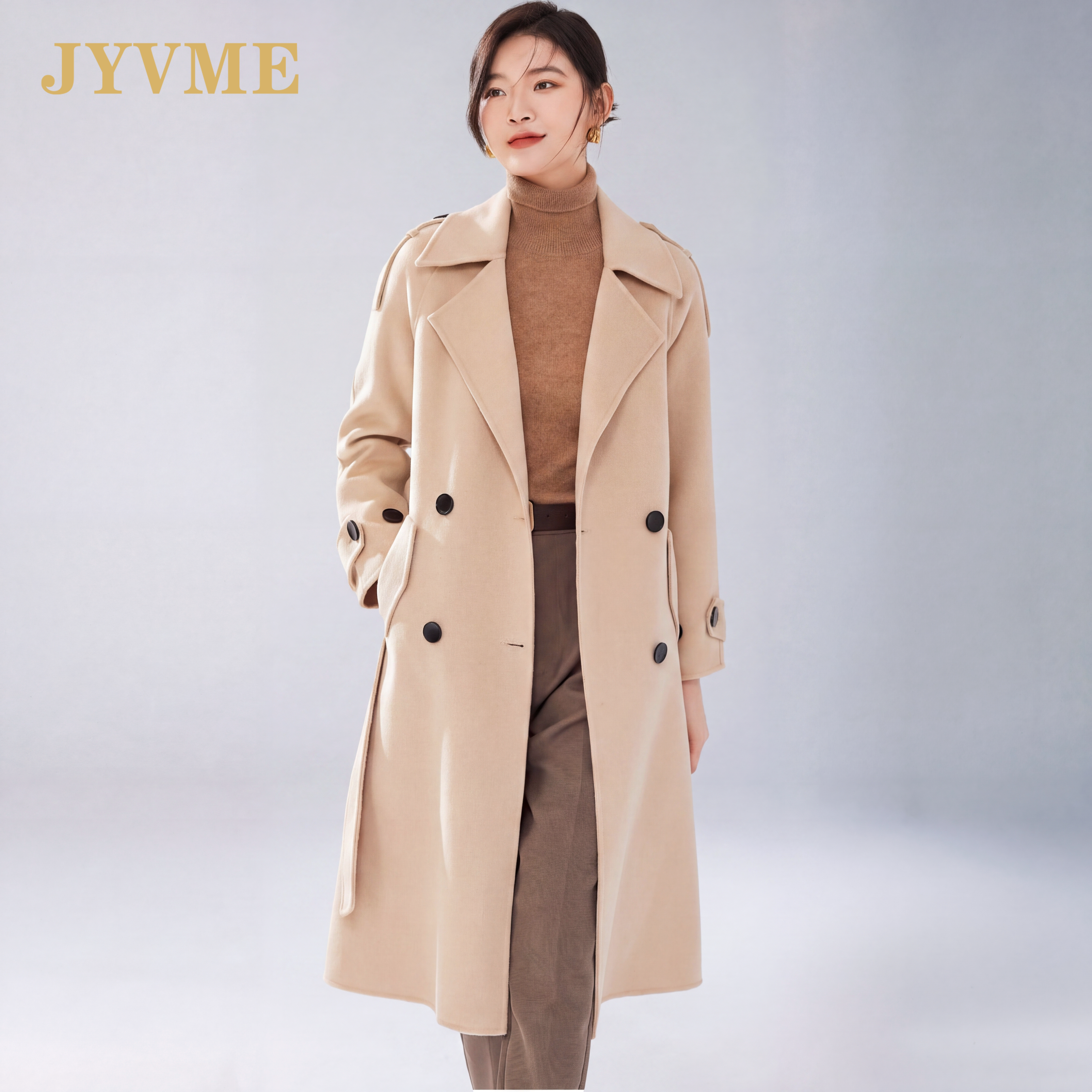JyVme轻奢秋冬2026新款双面羊毛大衣女中长款双排扣修身毛呢外套
