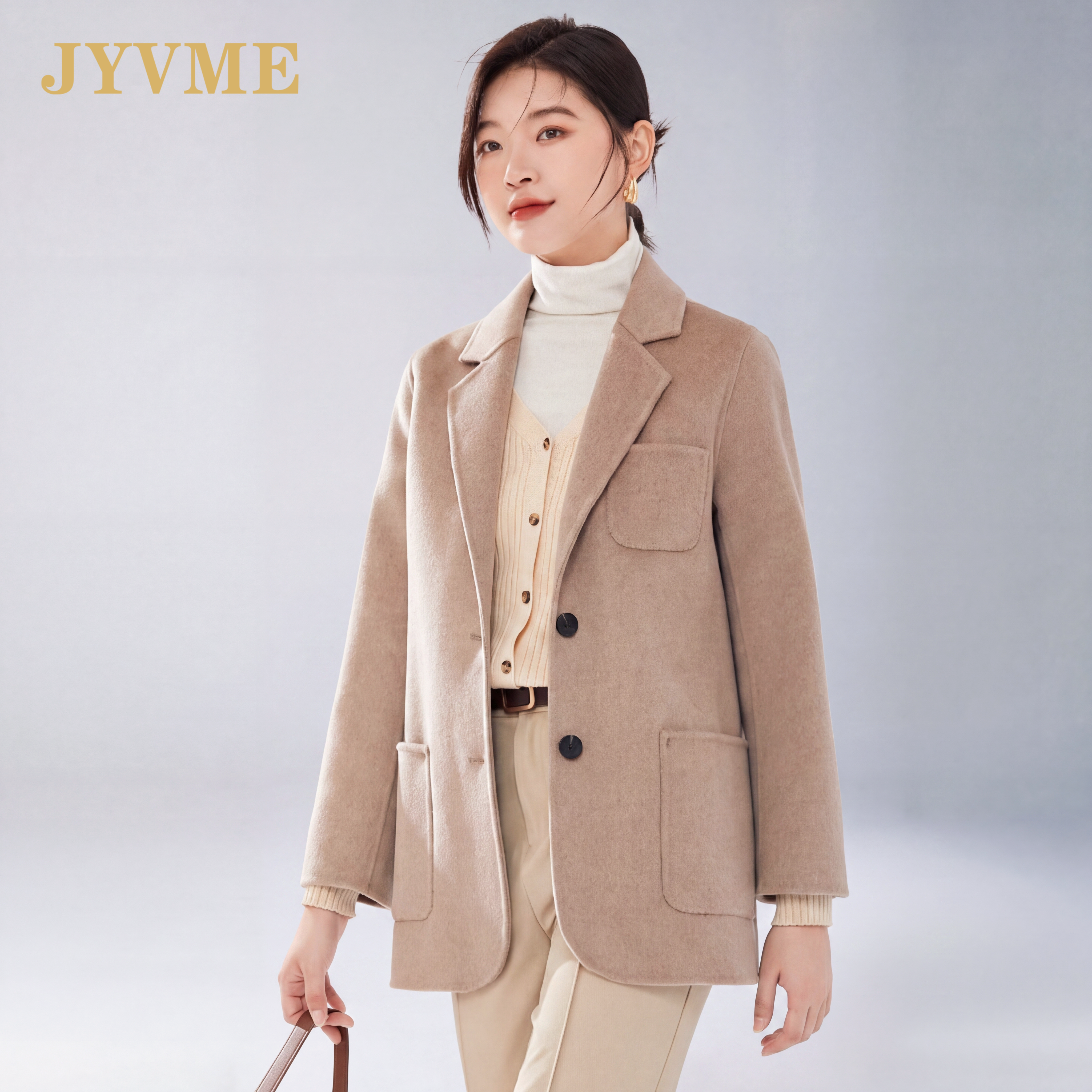 JyVme轻奢秋冬新款双面羊毛大衣女韩版西装小个子毛呢外套显瘦