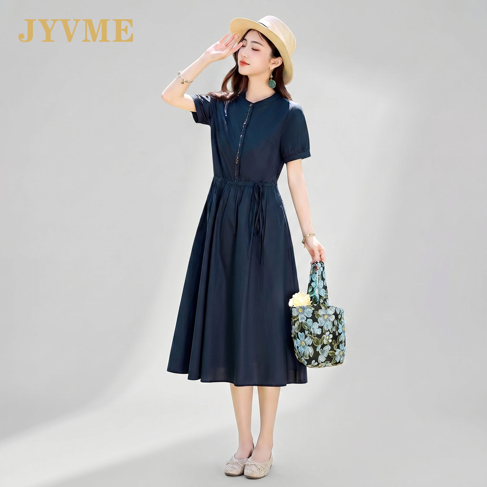 JyVme轻奢高档刺绣纯棉短袖连衣裙女夏2026新款休闲舒适棉布裙子