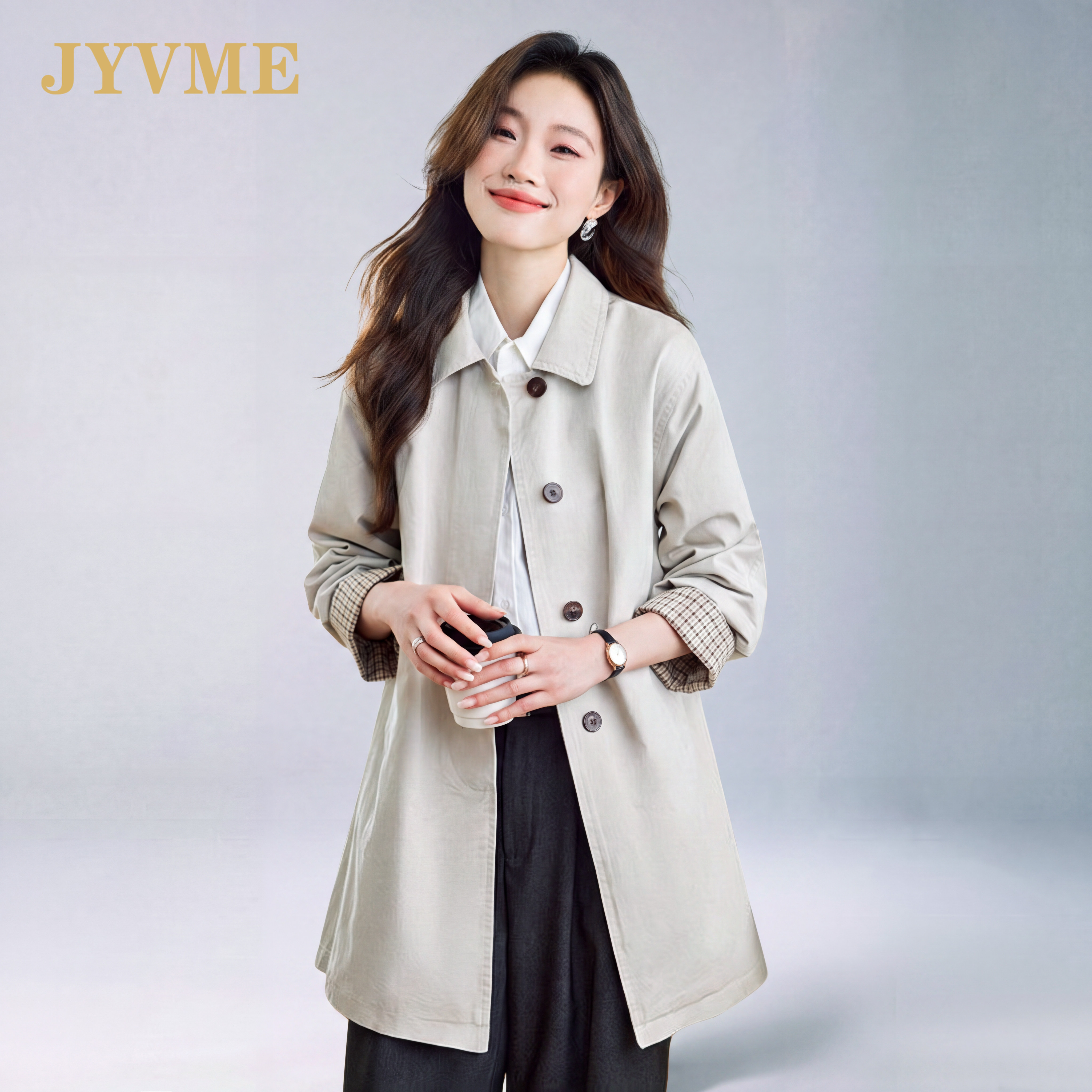 JyVme轻奢风衣女2026新款秋季高级单排扣外套中长款纯棉工装上衣