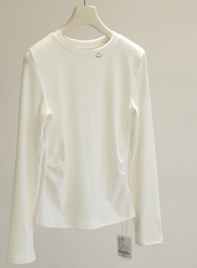 Hin显瘦，推荐入~领口笑脸加绒打底衫女秋冬正肩圆领收腰短款上衣