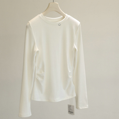 Hin显瘦，推荐入~领口笑脸加绒打底衫女秋冬正肩圆领收腰短款上衣